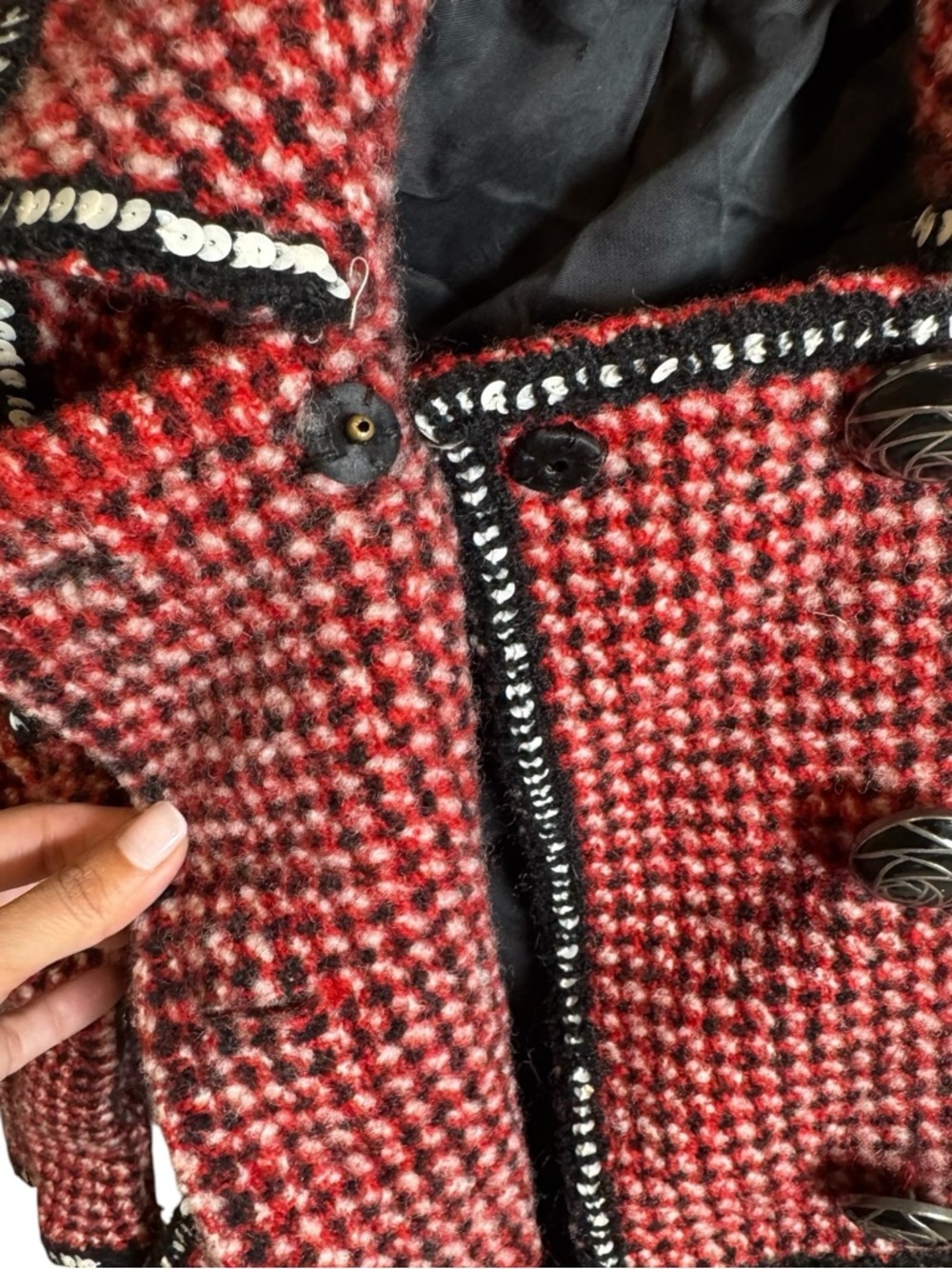 Vintage Andrew GN Paris Red Black Tweed Wool Couture Pea Coat Size M Fits XXS/XS - Picture 3 of 7